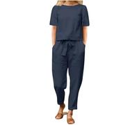 Ensemble de détente 2 pièces pour femme Linen Co Ords Ensembles Coupe ample Col rond T-shirt à manches courtes en coton uni Haut et pantalon à jambes larges Tenue de sport Grande taille, bleu, 5XL