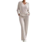 Ensemble de détente 2 pièces pour femme - Pull décontracté en tricot côtelé à manches longues et haut en tricot côtelé - Ensemble de pyjama assorti doux et confortable avec poches, beige, XXL