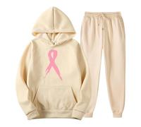 Ensemble de détente 2 pièces pour femme - Tenue d'automne active pour femme - Sweat à capuche doublé en polaire - Pantalon décontracté avec capuche - Sweat à capuche - Sensibilisation au cancer du