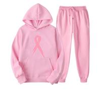 Ensemble de détente 2 pièces pour femme - Tenue d'automne active pour femme - Sweat à capuche doublé en polaire - Pantalon décontracté avec capuche - Sweat à capuche - Sensibilisation au cancer du