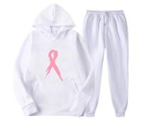 Ensemble de détente 2 pièces pour femme - Tenue d'automne active pour femme - Sweat à capuche doublé en polaire - Pantalon décontracté avec capuche - Sweat à capuche - Sensibilisation au cancer du