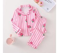 Ensemble de détente 2 pièces pour filles, top à manches longues ouvert devant et pantalon long, imprimé dessin animé rayures fraise rose, style doux mignon élégant décontracté confortable pour le quot
