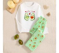 Ensemble de détente décontracté convenant aux filles au printemps et en automne, imprimé mignon de visage souriant d'avocat et de lettre cœur, assorti d'un pantalon pour filles décoré d'un motif de vi