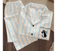 Ensemble de détente pour femme Cloud Wave Roaming Penguin brodé , Cardigan à col châle rayé aquarelle bleu & blanc, pantalon de pyjama long confortable, doux et respirant, ensemble 2 pièces L,M,S,XLAn