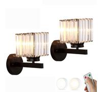 Ensemble de deux appliques murales en cristal à piles avec ampoule à gradation télécommandée Applique murale sans fil LED Or Noir Éclairage sans fil pour chambre à coucher, chevet, salon, coulo