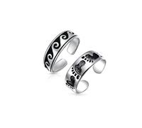 Ensemble de deux bagues d'orteil midi nautiques Aloha tropicales vacances vagues océaniques hawaïennes et empreintes de sable de plage pour femmes adolescentes en argent sterling oxydé .925 ajustable