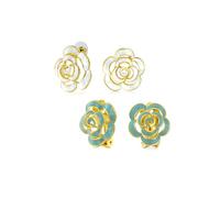 Ensemble de deux boucles d'oreilles à clip bleues en émail 3D à la mode et boucles d'oreilles à tige blanches de style bouton plaquées or 14 carats