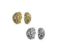 Ensemble de deux boucles d'oreilles à clip en forme de demi-créole large avec fleurs pour femmes style crevette oreilles non percées en laiton plaqué or argent oxydé.