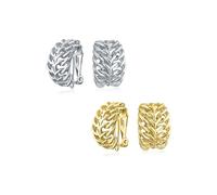 Ensemble de deux boucles d'oreilles à clip en forme de demi-créole large avec motif de feuille et plume en tissage ouvert pour femmes, en laiton plaqué argent et or, pour oreilles non percées.