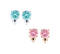 Ensemble De Deux Boucles D'Oreilles À Clip En Laiton Plaqué Or Et Argent Avec Des Pierres De Zircone Cubique Rondes Solitaires De Couleur Pastel Rose Et Bleu Aqua Taille Brillant 2CT Sans Perçage