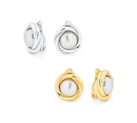 Ensemble De Deux Boucles D'Oreilles Clip-On En Perles Synthétiques Blanches Serties En Câble Pour Femmes Aux Oreilles Non Percées, Plaquées Or 14 Carats