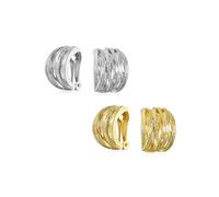 Ensemble de deux boucles d'oreilles à clip pour femmes, non percées, en forme de demi-anneau large avec tissage croisé ouvert, plaquées argent mat et or.