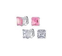 Ensemble De Deux Grandes Boucles D'Oreilles À Clip Traditionnelles Classiques Carrées Taille Princesse En Zircon Cubique Rose Clair Blanc AAA CZ Solitaire Pour Femmes Plaqué Argent Non Percées 12MM