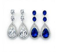 Ensemble De Deux Boucles D'Oreilles Chandelier Pendantes En Style Art Déco Avec Halo De Zircon Cubique AAA Clair Et Bleu Grand Pendentif En Forme De Larme Pour Femmes Fête Nuptiale Plaqué Argent