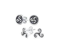 Ensemble de deux boucles d'oreilles clous en forme de spirale ronde ancienne avec symbole celtique irlandais Trinité Triskele pour hommes et femmes en argent sterling oxydé .925