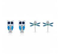 Ensemble De Deux Boucles D'Oreilles Clous En Opale Bleue Créée Avec Design De Libellule Et De Chouette Sage En Argent Sterling .925 Pour Femmes Et Adolescentes Bijou Pierre De Naissance D'Octobre