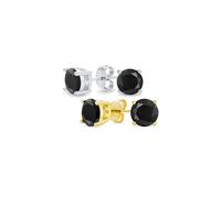 Ensemble de deux boucles d'oreilles clous rondes noires de 0,75CTW en zircon cubique solitaire AAA CZ pour hommes et femmes plaqué or argent .925 argent sterling 6MM