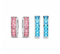 Ensemble De Deux Boucles D'Oreilles Créoles Classiques De Mariage Avec Coupe Baguette CZ Serti En Canal Kpop En Aigue-Marine Bleue Simulée Et Tourmaline Rose En Zircon Cubique En Argent Sterling .925