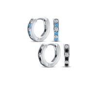 Ensemble de deux boucles d'oreilles créoles petites à charnière avec alternance de zircon cubique bleu, noir et blanc, serties en canal pour femmes et hommes en argent sterling .925