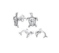 Ensemble de deux boucles d'oreilles de lune de miel, petites tortues de mer hawaïennes nautiques, petites tortues de plage, petits dauphins pour femmes adolescentes en argent sterling oxydé .925