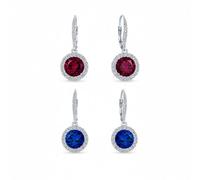 Ensemble De Deux Boucles D'Oreilles Pendantes À Levier Avec Halo Solitaire Rond Rouge Et Bleu De 3,5Ct En Zircon Cubique Pour Femmes En Argent Sterling .925