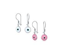 Ensemble de deux boucles d'oreilles pendantes à levier rondes rose et blanc Nazar œil protecteur spirituel pour femmes et adolescentes en verre de Murano en argent sterling .925 fabriquées en Turquie