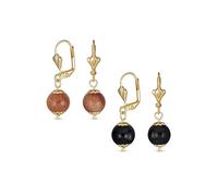 Ensemble de deux boucles d'oreilles pendantes classiques élégantes simples rondes en pierre de soleil marron et onyx noir pour femmes en laiton plaqué or jaune 18K poli 8MM.