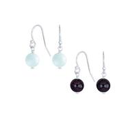 Ensemble de deux boucles d'oreilles pendantes rondes en fil de crochet français avec perles en aigue-marine bleue simple et améthyste violette foncée pour femmes en argent sterling .925