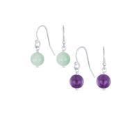 Ensemble de deux boucles d'oreilles pendantes rondes en pierre précieuse amazonite verte simple et améthyste violette claire avec crochet à poisson français pour femmes en argent sterling .925
