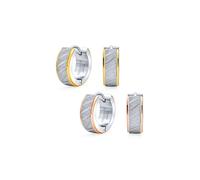 Ensemble De Deux Boucles D'Oreilles Unisexes Larges À Charnière Entailles Diagonales Mates Bordure Plaquée Or Rose Et Jaune Bicolore Finition En Acier Inoxydable Effet Poussière D'Étoile.