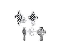 Ensemble de deux boucles d'oreilles unisexes religieuses anciennes Viking irlandaises nœud d'amour infini templier croix celtique pour femmes hommes adolescents en argent sterling oxydé .925
