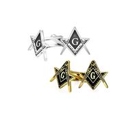 Bling Jewelry Ensemble de Deux Boutons de Manchette Symboles de Compas francs-maçons pour Hommes, émail Noir, Deux Tons Argent et Or, Acier Inoxydable, charnière à Dos de Balle.