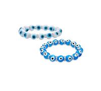 Bling Jewelry Ensemble de deux bracelets extensibles en perles de verre œil turc bleu et blanc pour femmes et adolescentes avec intercalaires en cristal rondelle pour protection et bonne chance.