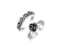 Ensemble de deux fleurs de marguerite découpées et bague d'orteil à bande fendue avec rose noire sculptée pour femmes en argent sterling oxydé .925 ajustable.