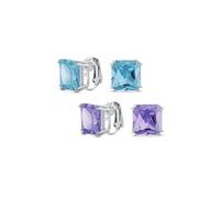 Ensemble De Deux Grandes Boucles D'Oreilles Classiques Traditionnelles À Clip Avec Solitaire En Zircon Cubique Taille Princesse Carrée 5Ct Bleu Aqua Lavande Aaa Cz S Plaqué Argent Non Percées 12Mm.