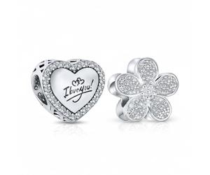 Ensemble De Deux Mots De La Saint-Valentin Je T'Aime Accent De Cristal Bord En Forme De Cœur & Pendentif En Forme De Marguerite Pavé De CZ Clair Étincelant Pour Femmes Argent Sterling Oxydé .925