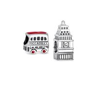 Ensemble De Deux Perles De Charme Pour Voyage Touristique En Angleterre Royaume-Uni Londres Tour De L'Horloge Big Ben Et Bus À Impériale Piccadilly S Adolescentes En Argent Sterling Oxydé Compatible