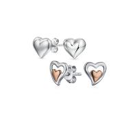 Ensemble de deux petites boucles d'oreilles en forme de cœur double bicolore délicates et minuscules pour femme, pour petite amie, en argent sterling .925 plaqué or rose poli.