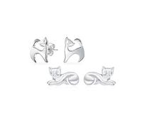 Ensemble de deux petites boucles d'oreilles minimalistes fantaisistes mignonnes douces en forme de chaton siamois curieux assis ou couché pour femmes adolescentes en argent sterling .925