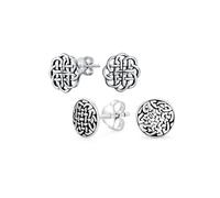 Ensemble de deux petites boucles d'oreilles unisexes à bord floral viking médaillon tissé nœud celtique rond pour femmes en argent sterling oxydé .925