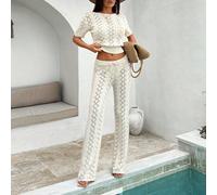 Ensemble de deux pièces cache-maillot : Top tricoté court évidé en crochet pour la plage et pantalon large décontracté à mailles ajourées L,M,SUnicoloreTricots