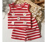 Ensemble de deux pièces pour bébé fille, un débardeur à col rond et un short en jacquard beige teck d'été, avec un style frais, forestier, pastoral, doux, simple et décontracté. Le tissu présente une 