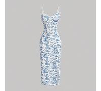Ensemble de deux pièces pour femme composé d'un Top court et d'une jupe, imprimé de fleurs bleues et blanches rétro avec motif d'arêtes de poisson L,M,S,XL,XS,XXL,XXS,XXXL,XXXXLFloral,Plantes,Tout Imp