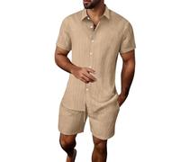 Ensemble de deux pièces pour homme composé d'un t-shirt décontracté pour homme avec col boutons de cravate et d'un t-shirt à manches courtes uni avec longues rayures et short coupe ample, kaki, S