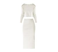 Ensemble de deux pièces pull court en tricot + jupe longue en tricot de couleur unie à col rond à manches longues pour femme Jupes de printemps et d'automne, blanc, M