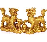 Ensemble de Deux Statues Feng Shui en Or Chi Lin/KY Lin, Sculpture de prospérité, Charme Chinois de la prospérité, décoration de la Maison, Cadeau pour Attirer la Richesse la Bonne Chance, doré