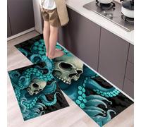 Ensemble De Deux Tapis De Cuisine Crâne Tentacules De Pieuvre Tapis De Porte Lavables Style Nautique Gothique Américain Lot De 2 Antidérapants Pour La Décor Intérieure Entrée Cuisine 45x75cm+45x150cm