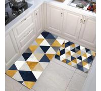 Ensemble De Deux Tapis De Cuisine Triangles Bleu Or Tapis De Porte Lavables Formes Géométriques Modernes À L'Aquarelle Lot De 2 Antidérapants Pour La Décor Intérieure Entrée Cuisine 50x80cm+50x150cm
