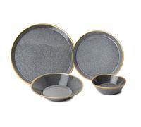 Ensemble de dîner élégant de 16 pièces, noir et doré, 100% porcelaine, avec assiettes, assiettes à dessert et bols, parfait pour les expériences de dîner élégantes