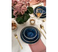 Ensemble de dîner élégant de 18 pièces, bleu foncé, 100% porcelaine | Comprend 6 assiettes de service (25 cm), 6 assiettes (21 cm), 6 bols (16 cm) | Parfait pour les dîners élégants